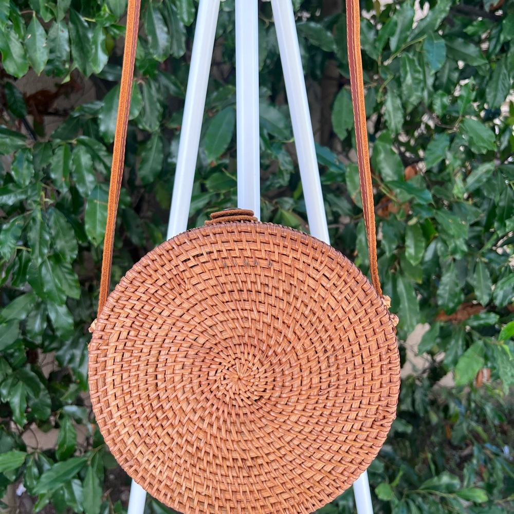 Round Woven Tan Crossbody Bag